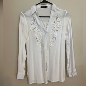 White embroidered button up shirt!